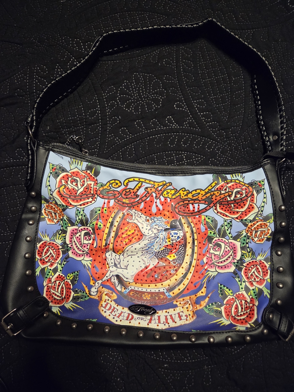 Ed Hardy Women's Black Leather Multicolor Graphic Hobo Bag